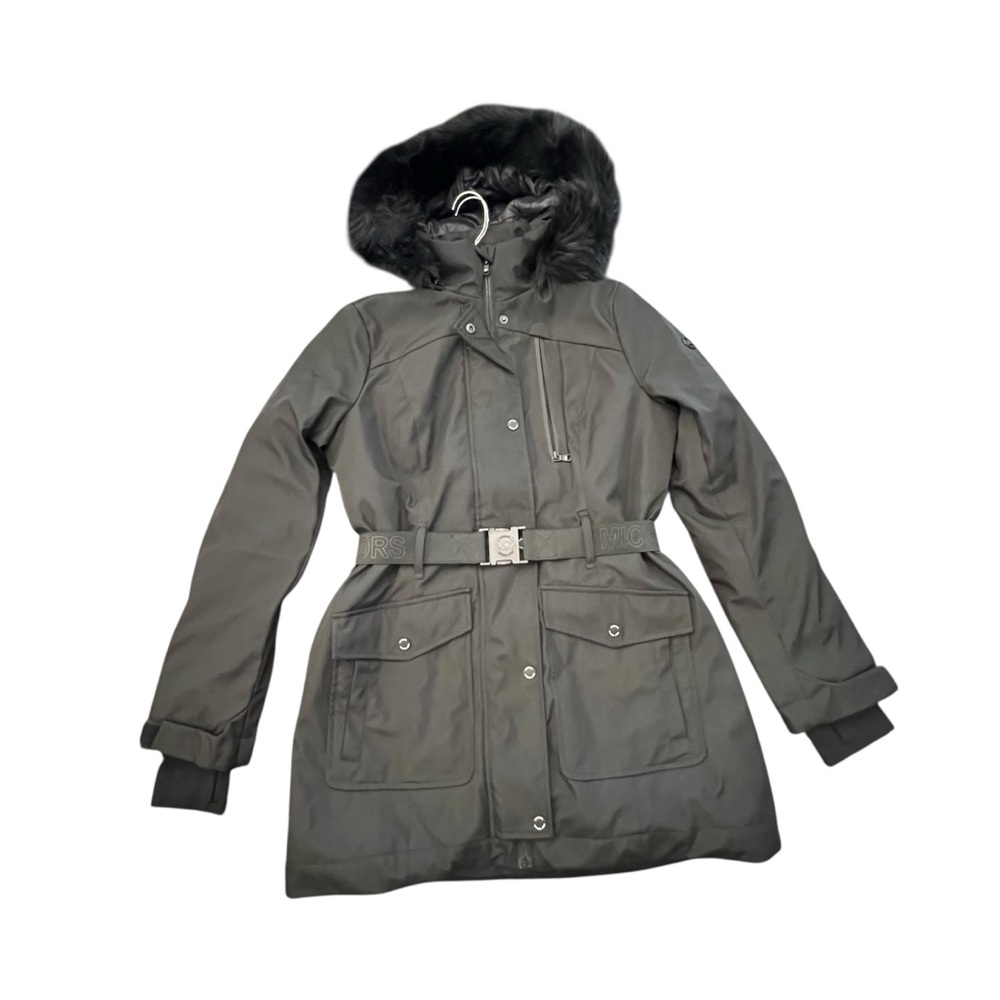 NEW Michael Kors Long Black Winter Coat‎ Belted Small Faux Fur Removable Hood